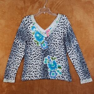CHARLOTTE TARANTOLA Womens Sweater Large Gray Pullover Leopard Floral Beaded